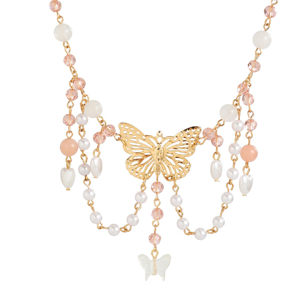 Chic Layered Tassel Butterfly Pendant Rhinestone Pearl Chain Neckalace - ArtGalleryZen