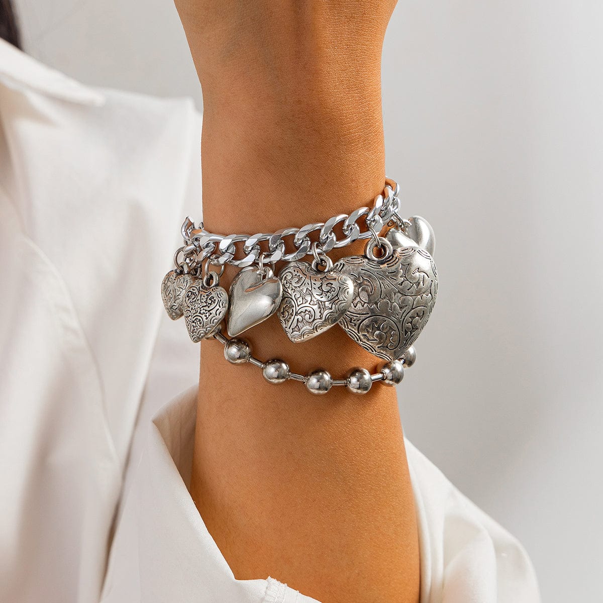 Chic Layered Textured Heart Tassel Ball Chain Bracelet Set - ArtGalleryZen