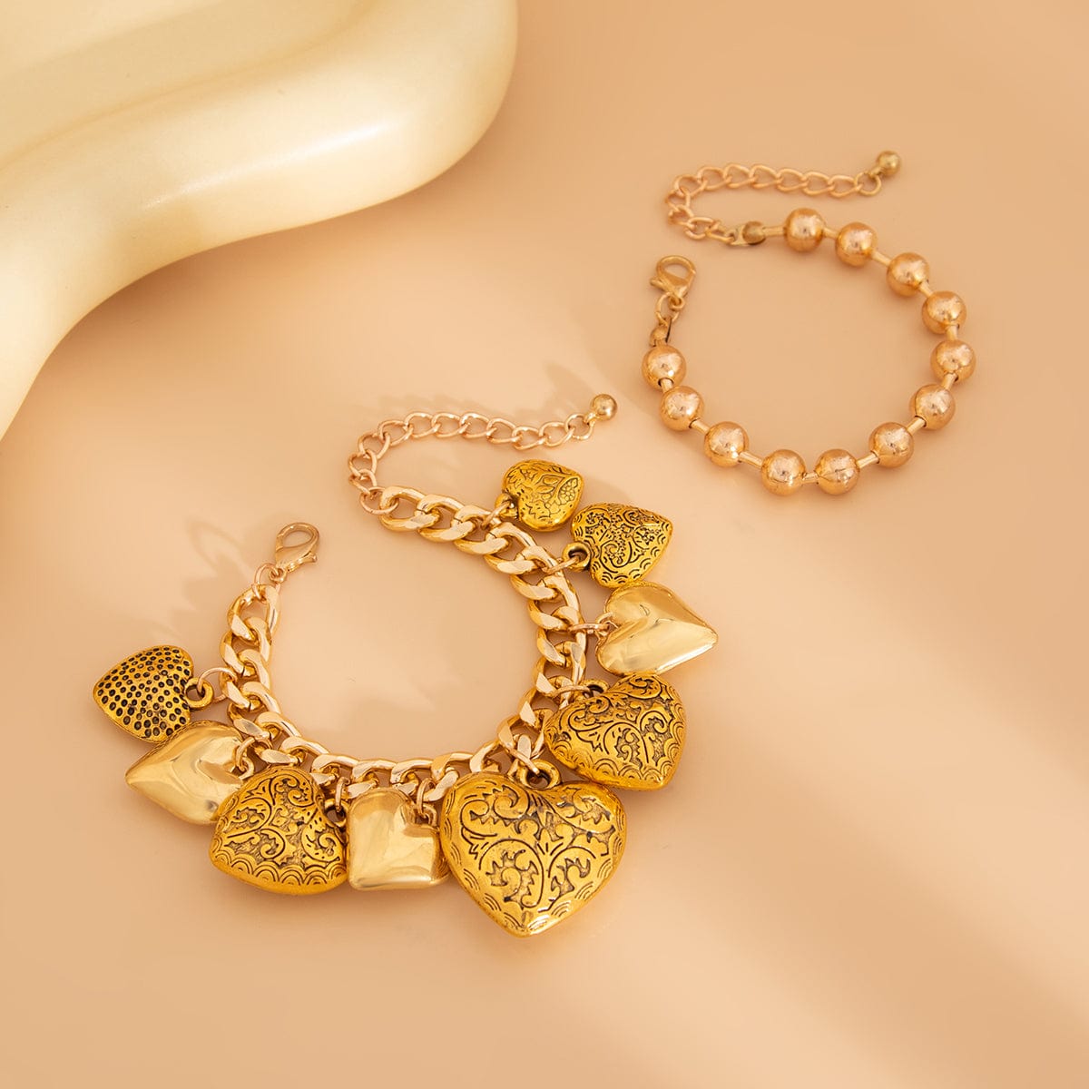 Chic Layered Textured Heart Tassel Ball Chain Bracelet Set - ArtGalleryZen