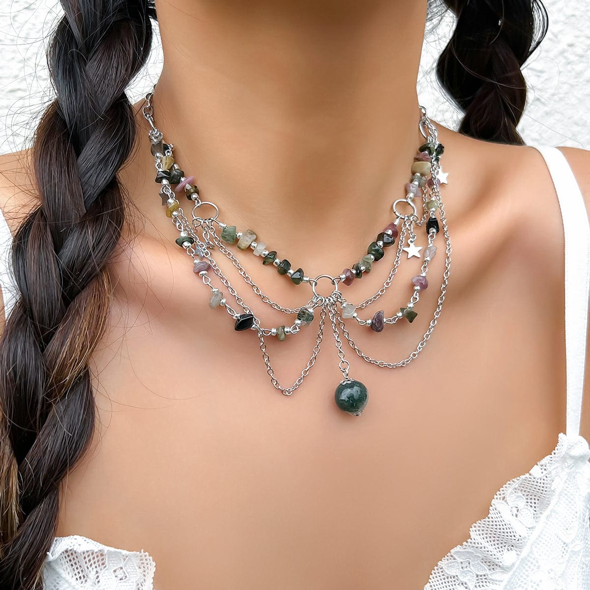 Chic Layered Turquoise Stone Tassel Necklace - ArtGalleryZen