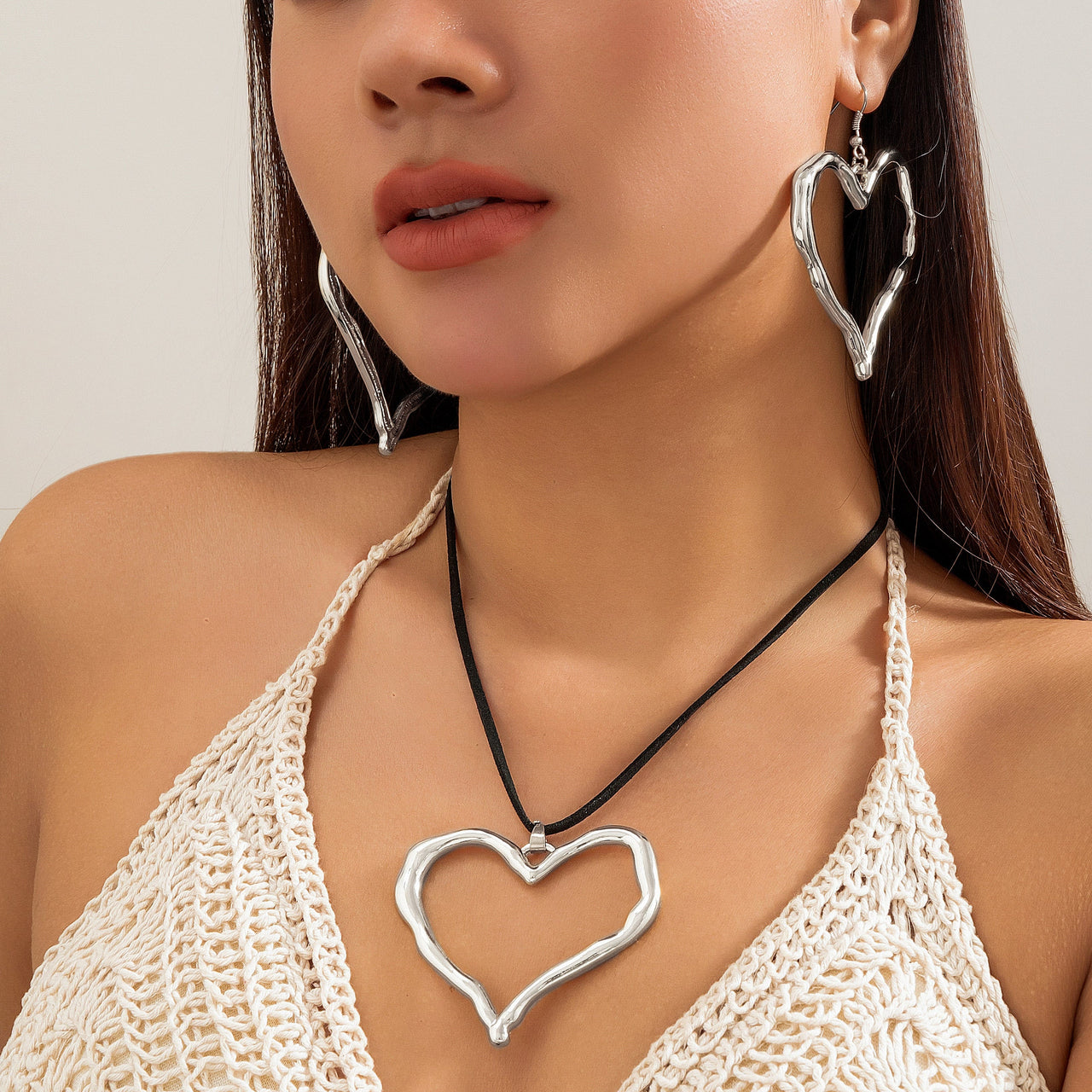 Chic Layered Velvet Heart Pendant Necklace Earrings Set - ArtGalleryZen
