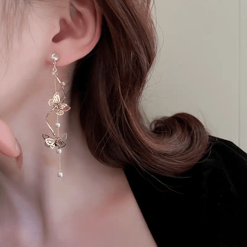 Chic Pearl Chain Butterfly Dangle Earrings - ArtGalleryZen