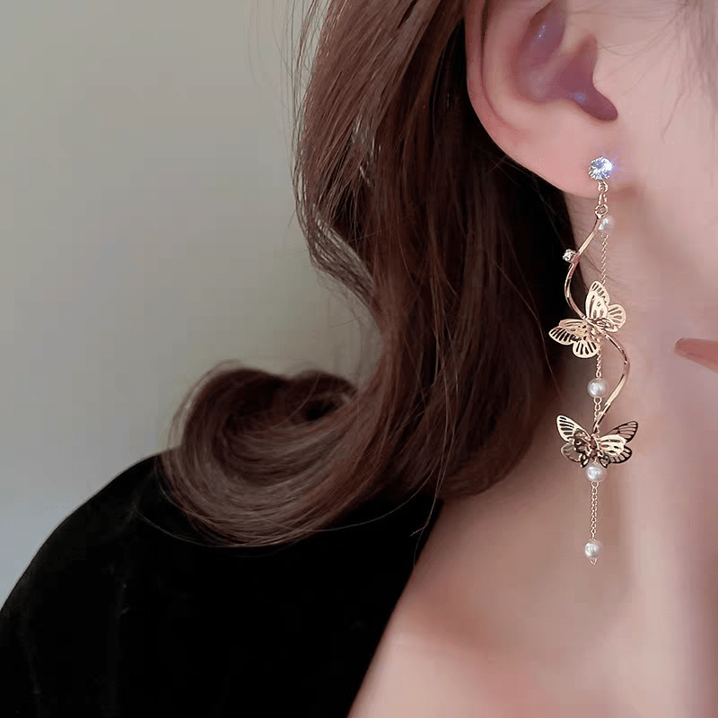Chic Pearl Chain Butterfly Dangle Earrings - ArtGalleryZen