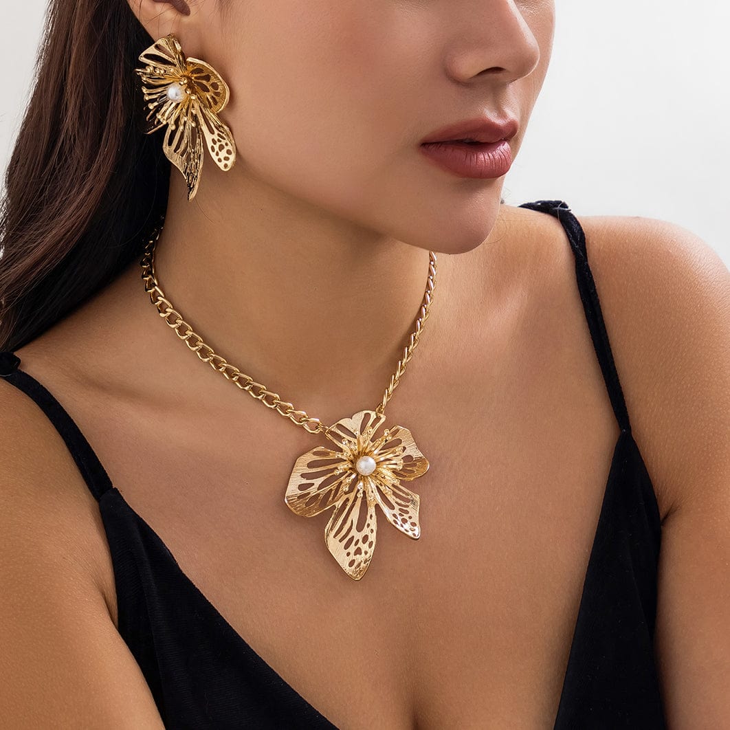 Chic Pearl Flower Pendant Cable Chain Necklace Earrings Set - ArtGalleryZen