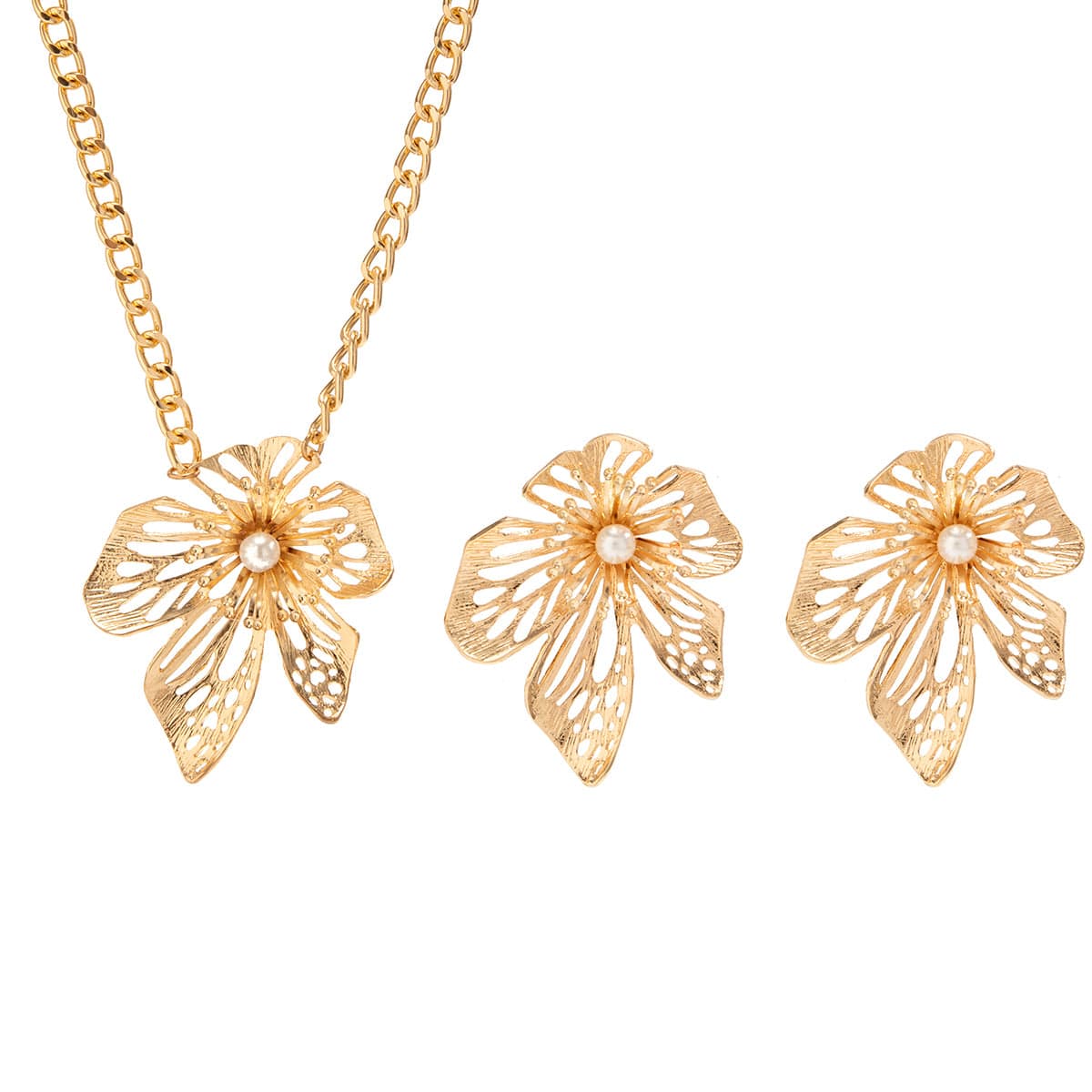 Chic Pearl Flower Pendant Cable Chain Necklace Earrings Set - ArtGalleryZen