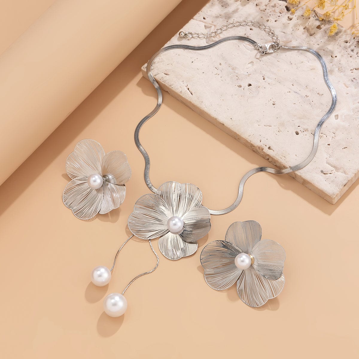 Chic Pearl Flower Pendant Herringbone Chain Necklace Earrings Set - ArtGalleryZen