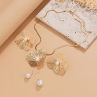 Thumbnail for Chic Pearl Flower Pendant Herringbone Chain Necklace Earrings Set - ArtGalleryZen