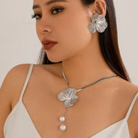 Thumbnail for Chic Pearl Flower Pendant Herringbone Chain Necklace Earrings Set - ArtGalleryZen