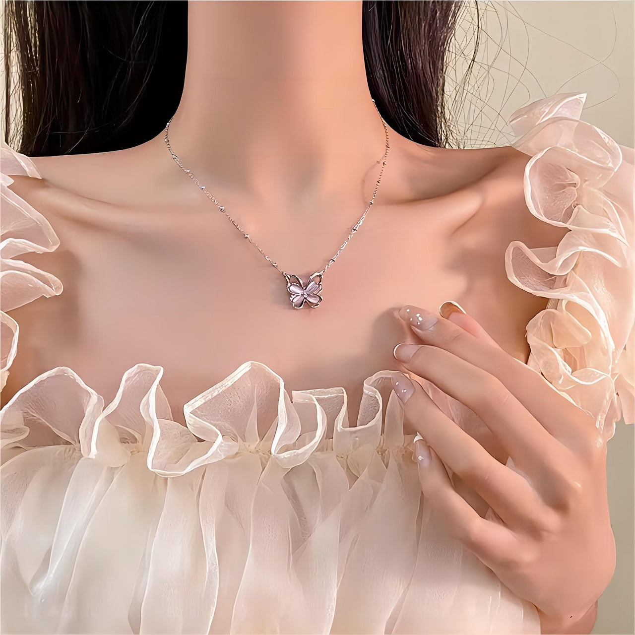 Chic Pink Cats Eye Stone Butterfly Necklace - ArtGalleryZen