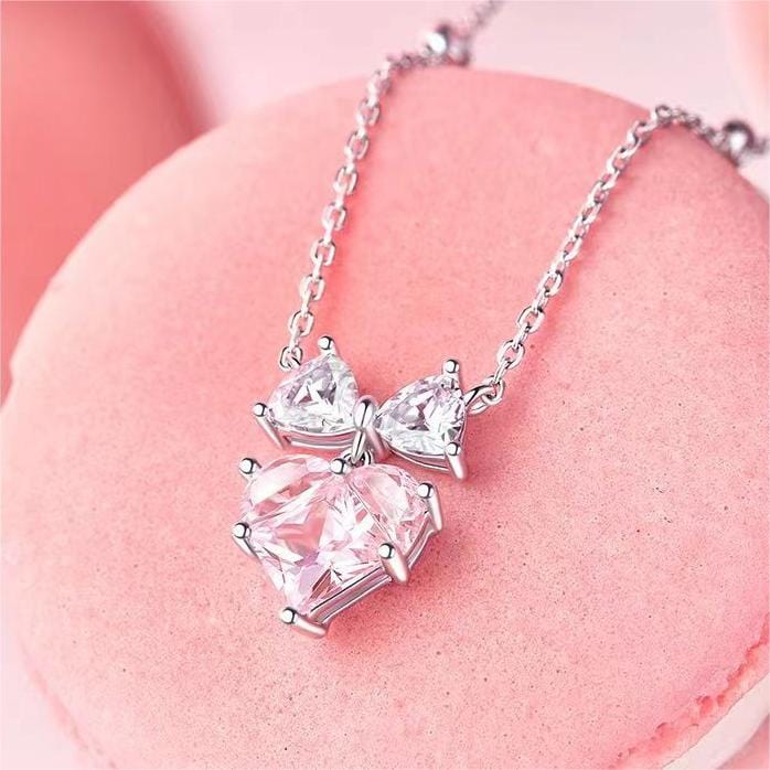 Chic Pink Crystal Bowknot Heart Necklace - ArtGalleryZen