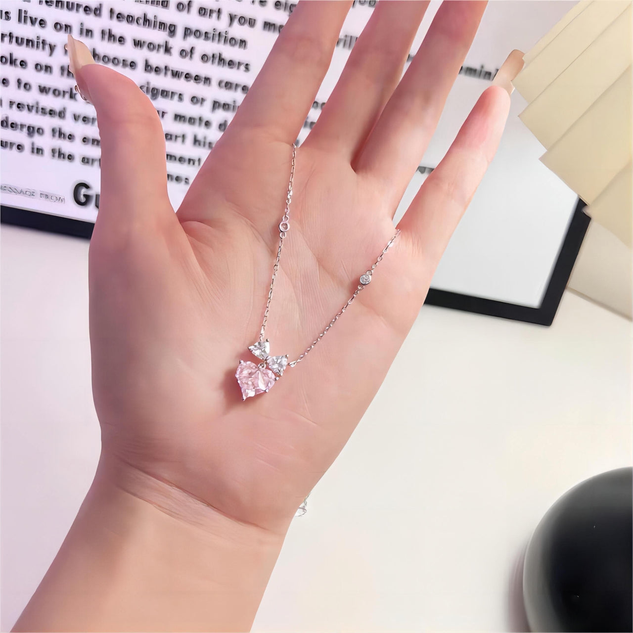 Chic Pink Crystal Bowknot Heart Necklace - ArtGalleryZen