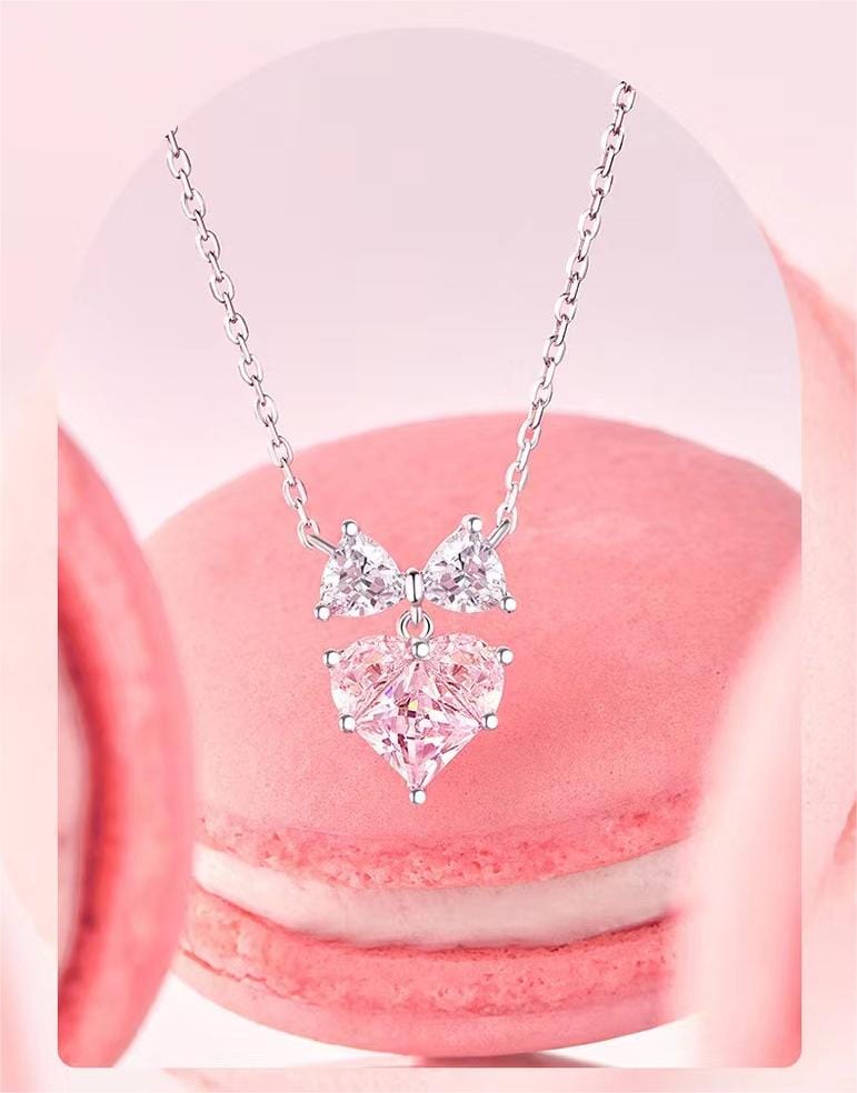 Chic Pink Crystal Bowknot Heart Necklace - ArtGalleryZen