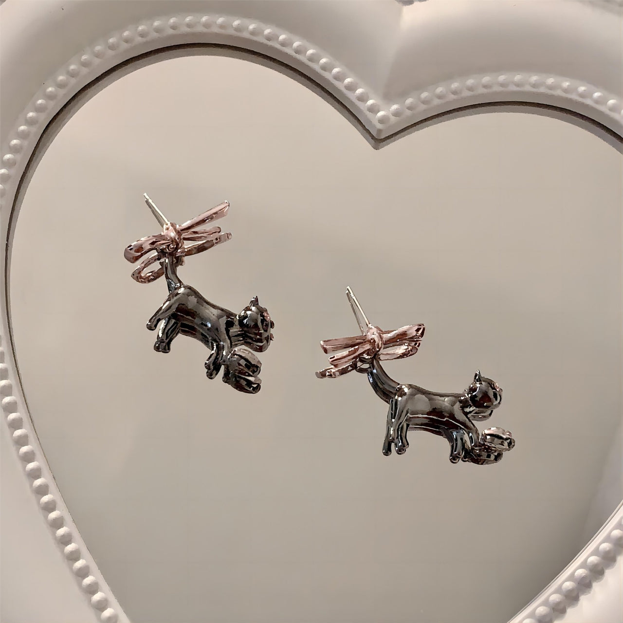 Chic Pink Crystal Heart Dangling Ribbon Cat Earrings - ArtGalleryZen