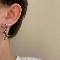Thumbnail for Chic Pink Crystal Heart Dangling Ribbon Cat Earrings - ArtGalleryZen