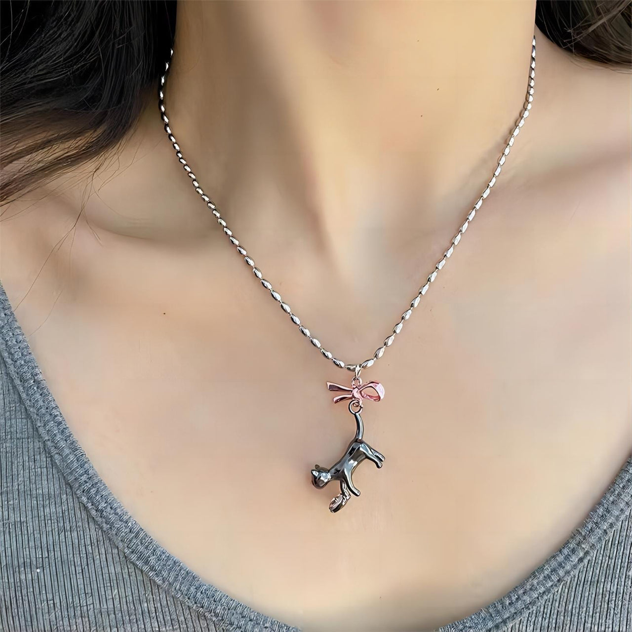 Chic Pink Crystal Heart Ribbon Cat Pendant Necklace - ArtGalleryZen
