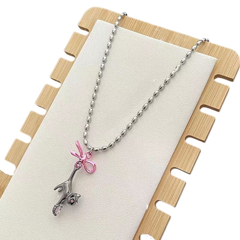 Chic Pink Crystal Heart Ribbon Cat Pendant Necklace - ArtGalleryZen