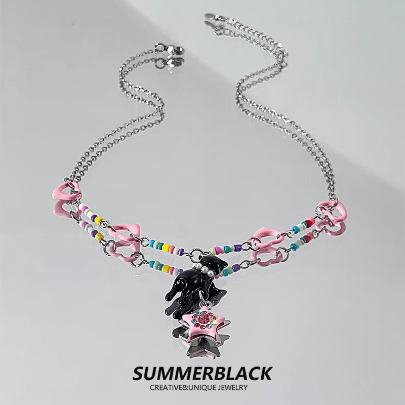Chic Pink Heart Star Kitty Pendant Necklace - ArtGalleryZen