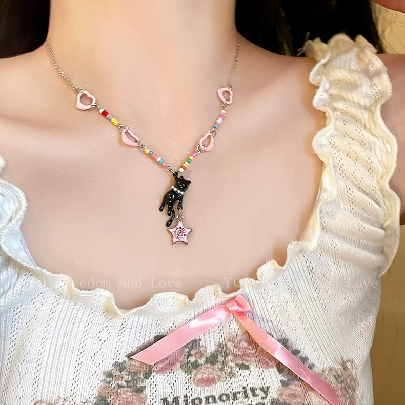 Chic Pink Heart Star Kitty Pendant Necklace - ArtGalleryZen