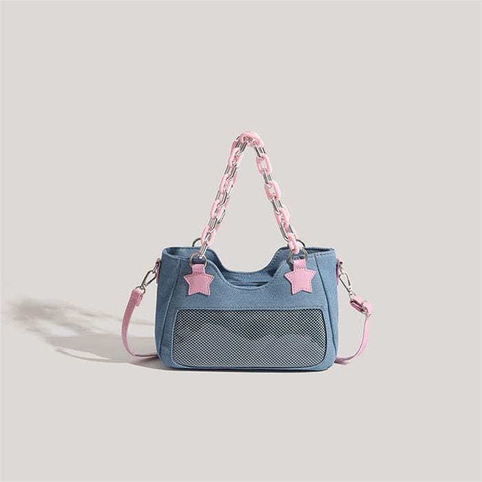 Chic Pink Star Acrylic Chain Denim Shoulder Crossbody Bag - ArtGalleryZen