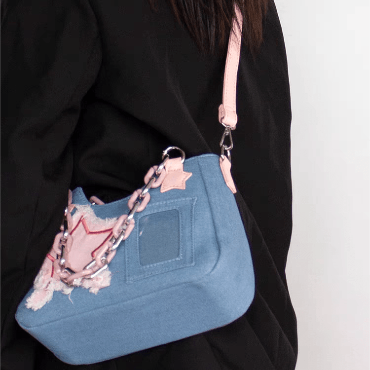 Chic Pink Star Acrylic Chain Denim Shoulder Crossbody Bag - ArtGalleryZen