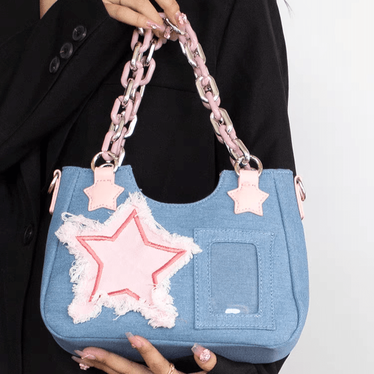 Chic Pink Star Acrylic Chain Denim Shoulder Crossbody Bag - ArtGalleryZen