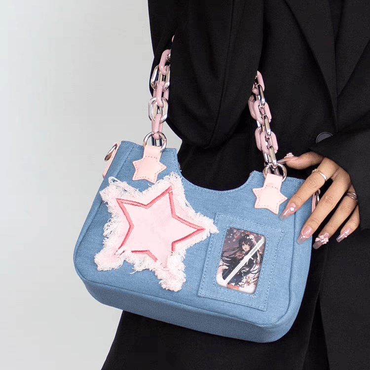 Chic Pink Star Acrylic Chain Denim Shoulder Crossbody Bag - ArtGalleryZen