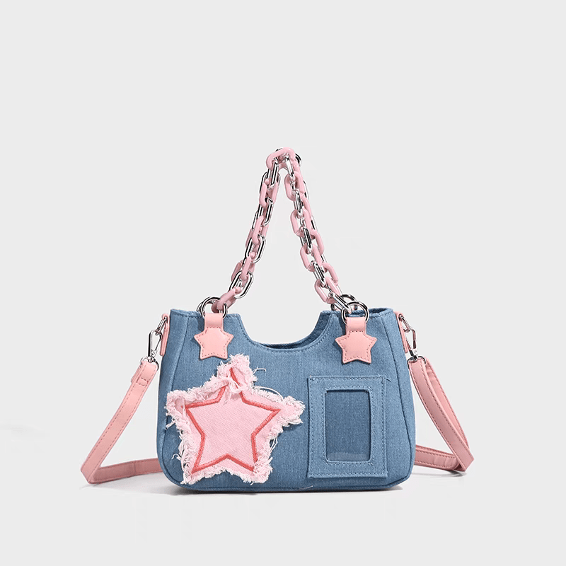 Chic Pink Star Acrylic Chain Denim Shoulder Crossbody Bag - ArtGalleryZen