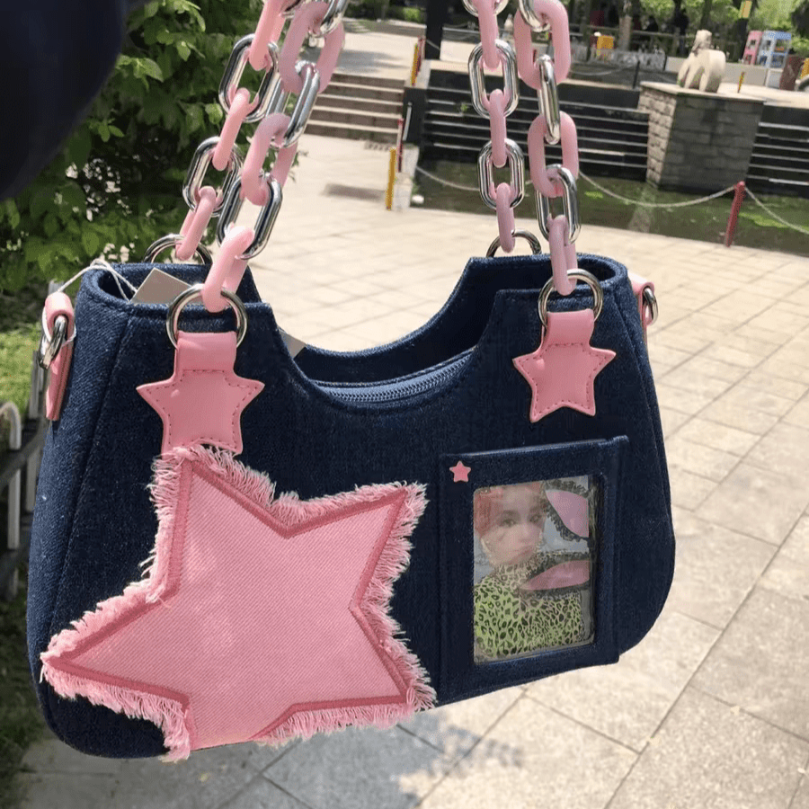 Chic Pink Star Acrylic Chain Denim Shoulder Crossbody Bag - ArtGalleryZen