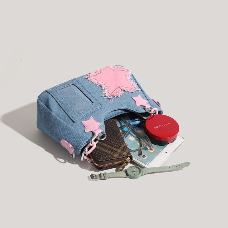 Chic Pink Star Acrylic Chain Denim Shoulder Crossbody Bag - ArtGalleryZen