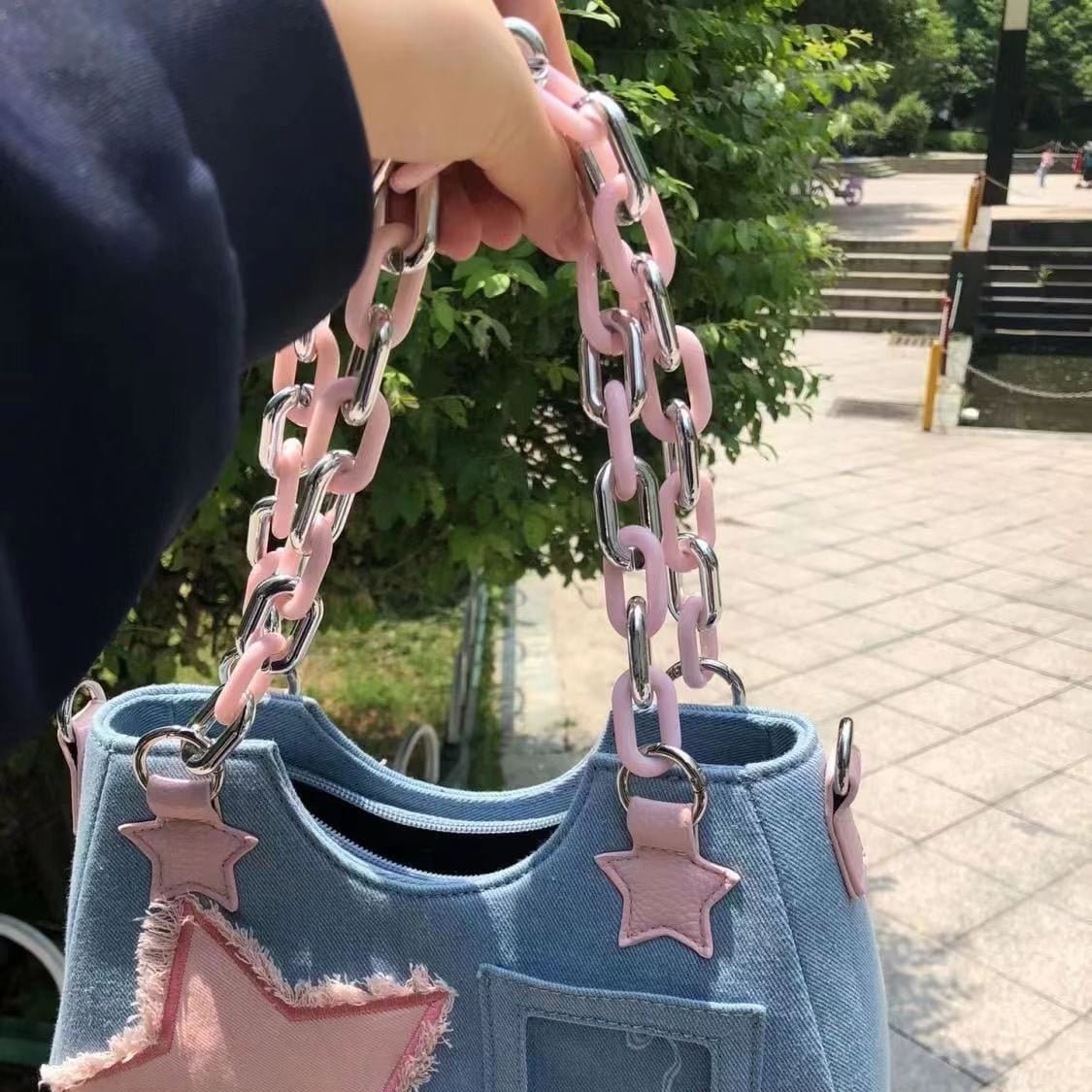 Chic Pink Star Acrylic Chain Denim Shoulder Crossbody Bag - ArtGalleryZen