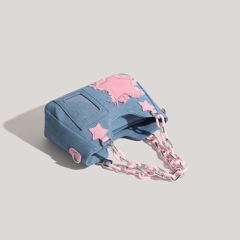 Chic Pink Star Acrylic Chain Denim Shoulder Crossbody Bag - ArtGalleryZen