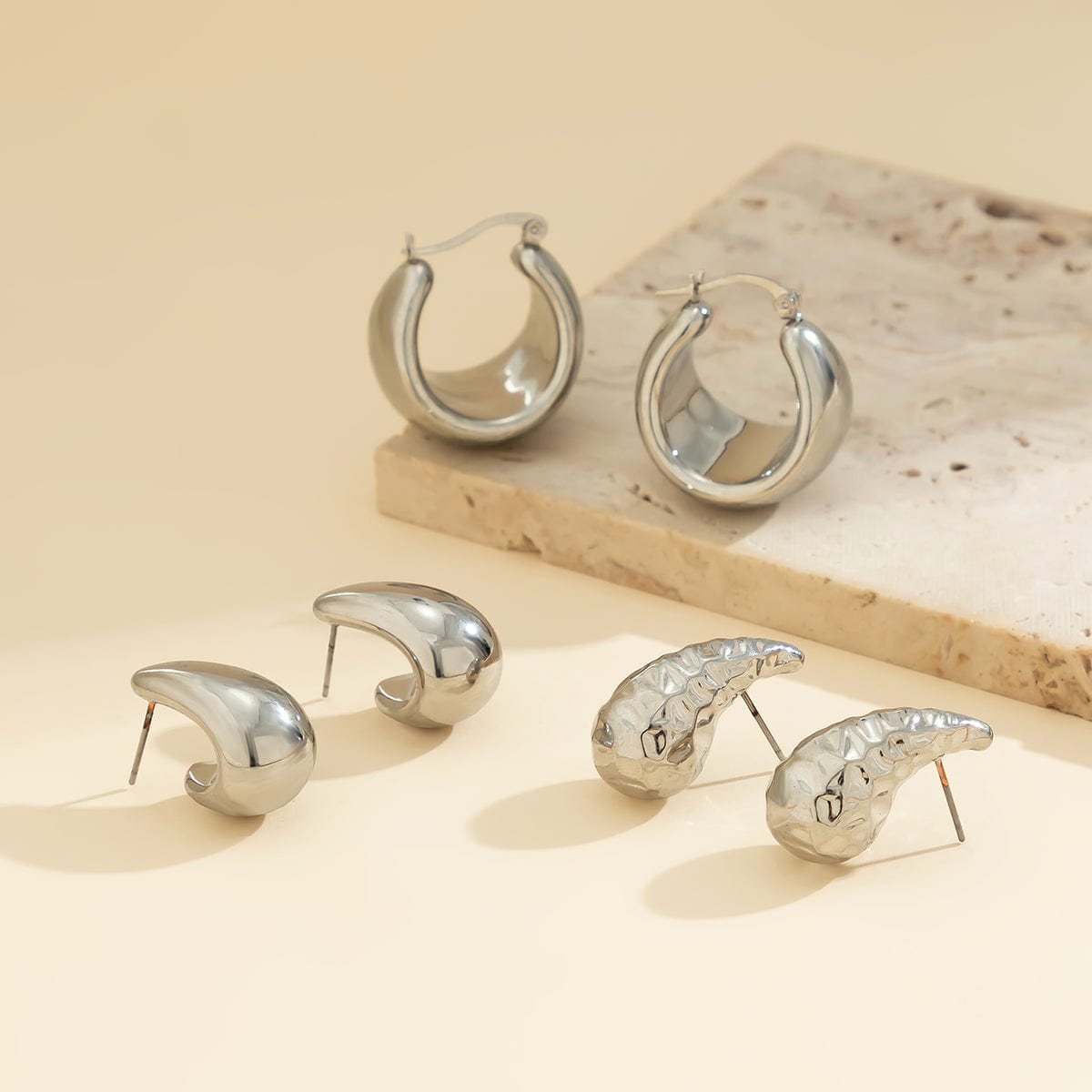 Chic Pleated Waterdrop Comma C Shaped Stud Earrings Set - ArtGalleryZen