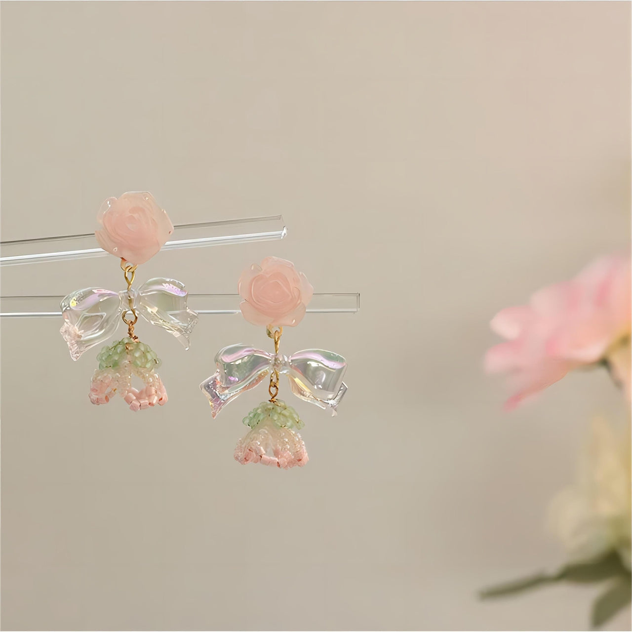 Chic Seed Beaded Floral Bowknot Rose Earrings - ArtGalleryZen