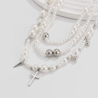 Thumbnail for Chic Silver Plated Cross Pendant Pearl Long Chain Necklace - ArtGalleryZen