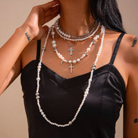 Thumbnail for Chic Silver Plated Cross Pendant Pearl Long Chain Necklace - ArtGalleryZen