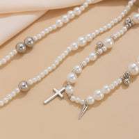 Thumbnail for Chic Silver Plated Cross Pendant Pearl Long Chain Necklace - ArtGalleryZen