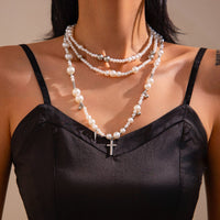 Thumbnail for Chic Silver Plated Cross Pendant Pearl Long Chain Necklace - ArtGalleryZen