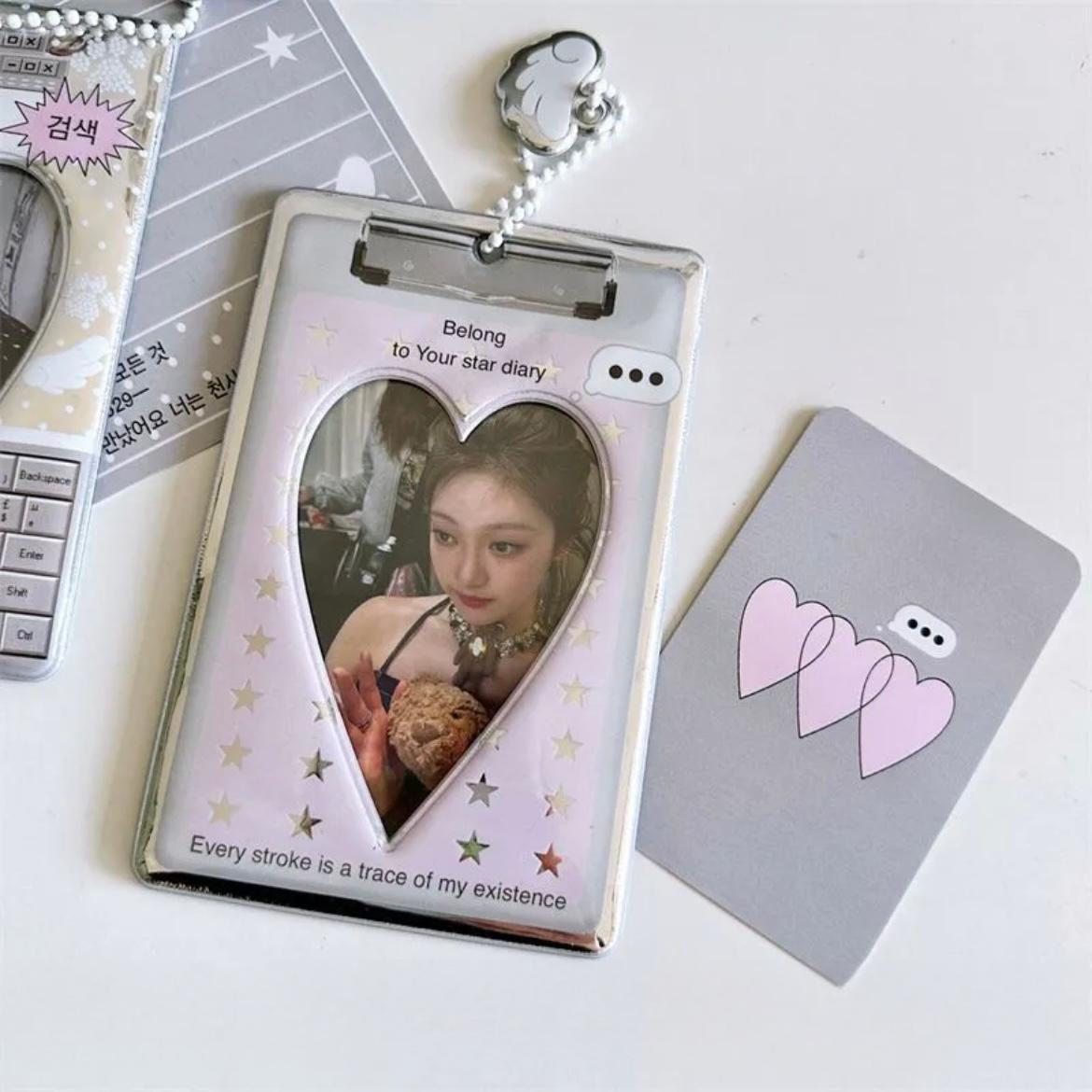 Chic Silver Tone Heart Star Mirror Kpop Keychain Photocard Holder - ArtGalleryZen