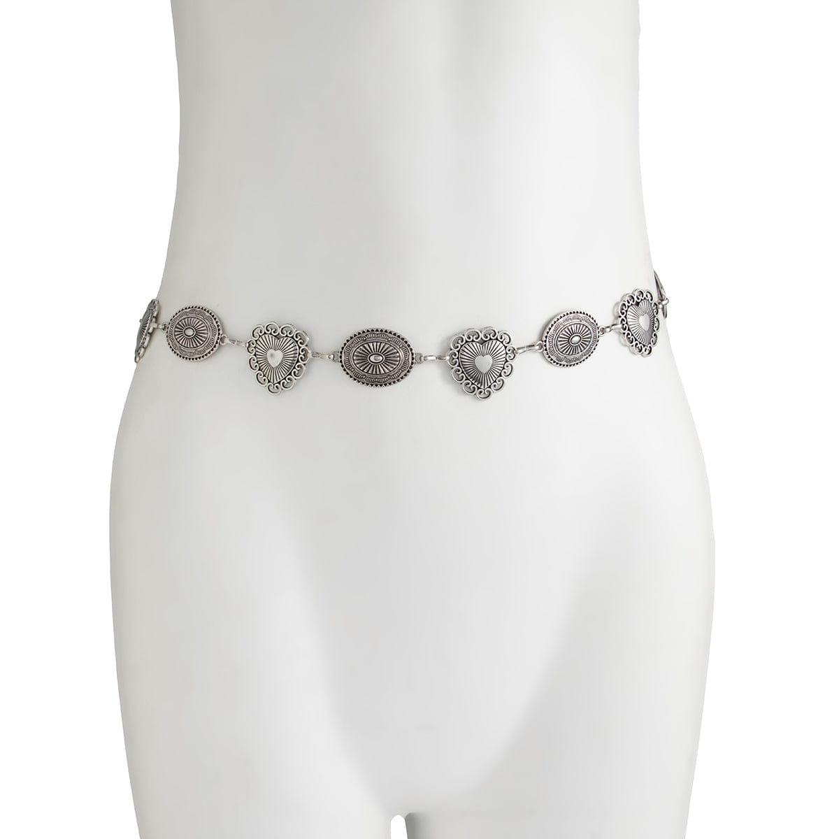Chic Silver Tone Pattern Heart Oval Waist Chain - ArtGalleryZen