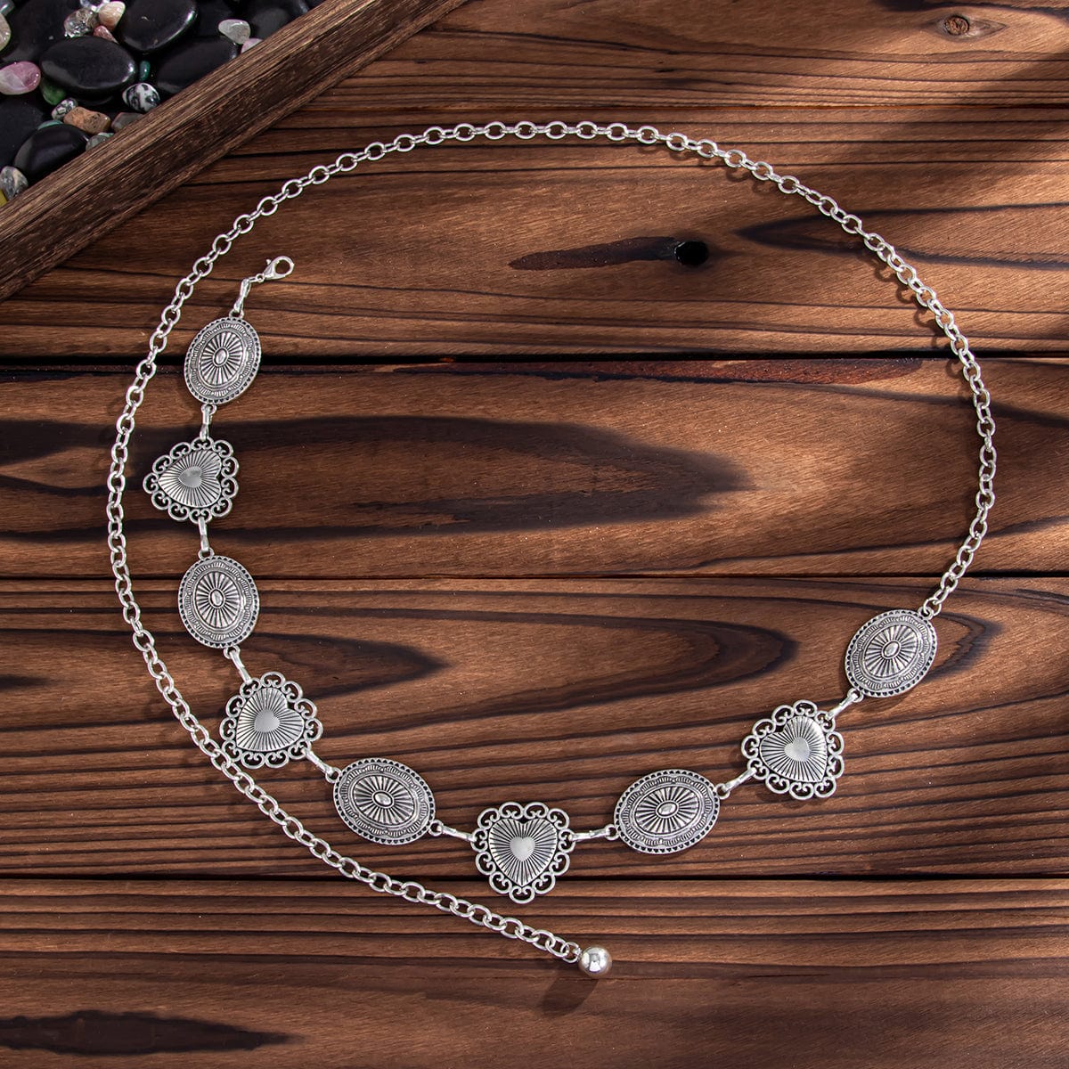 Chic Silver Tone Pattern Heart Oval Waist Chain - ArtGalleryZen