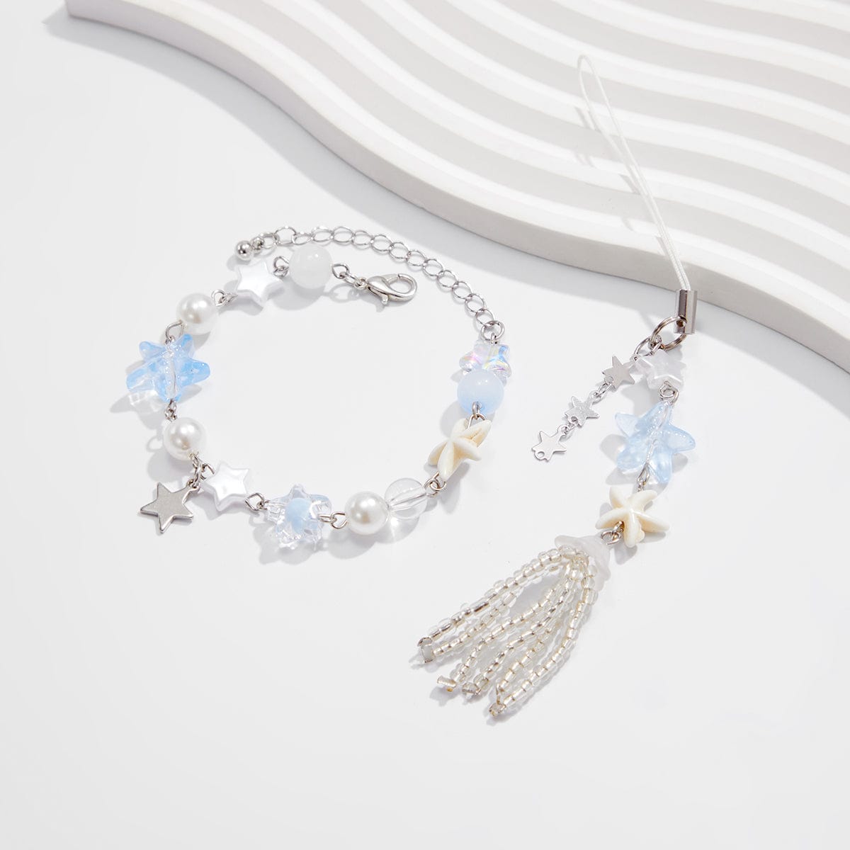 Chic Star Charm Pearl Crystal Beaded Bracelet Keychain Phone Strap Set - ArtGalleryZen