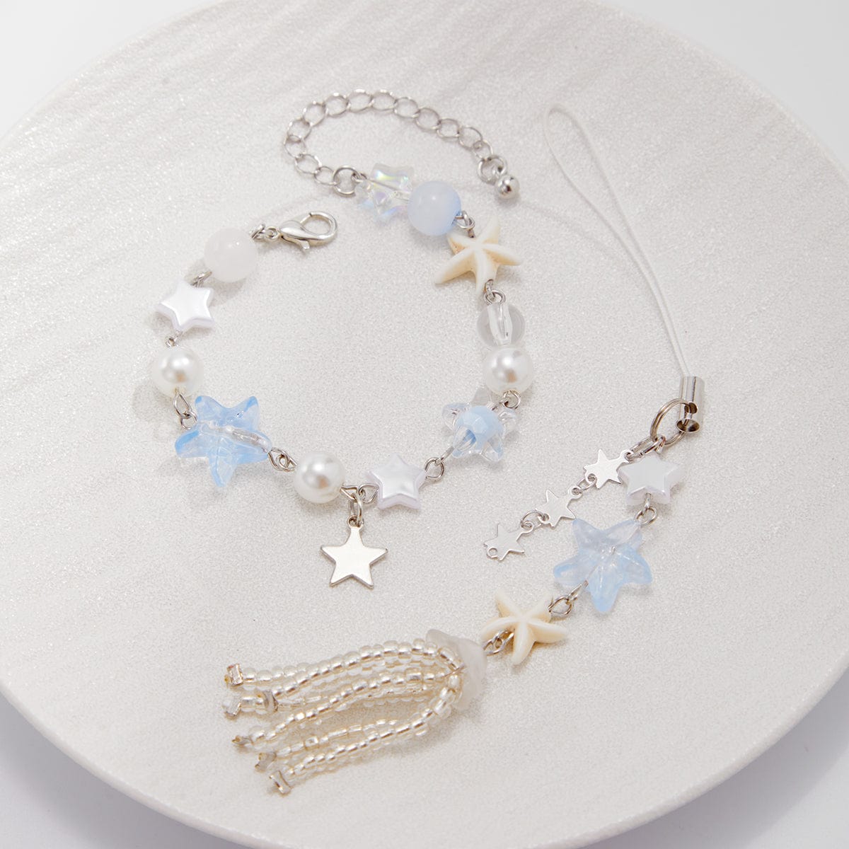 Chic Star Charm Pearl Crystal Beaded Bracelet Keychain Phone Strap Set - ArtGalleryZen