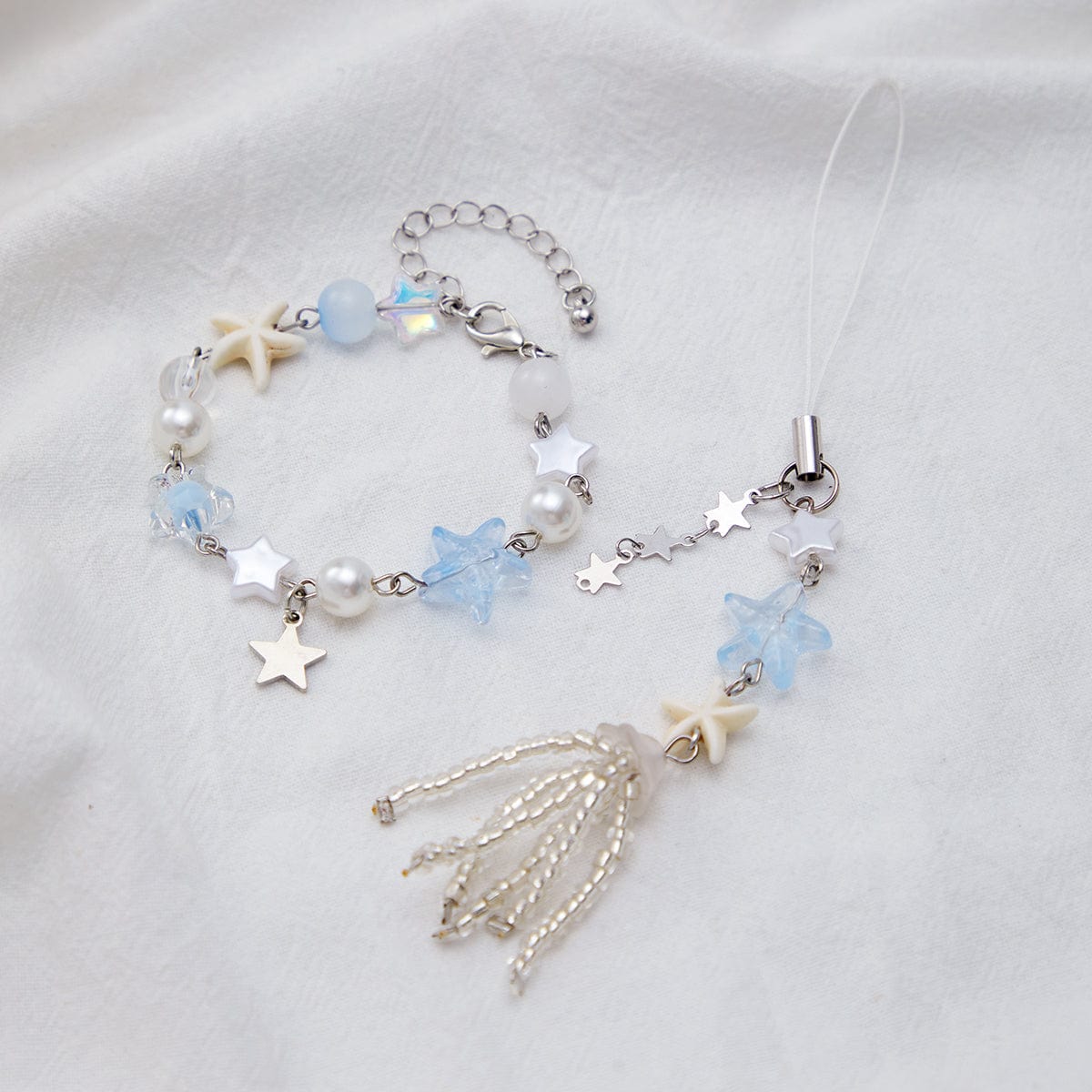 Chic Star Charm Pearl Crystal Beaded Bracelet Keychain Phone Strap Set - ArtGalleryZen