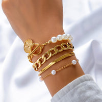 Thumbnail for Chic Toggle Clasp Round Disk Pearl Charm Stackable Bracelet Set - ArtGalleryZen