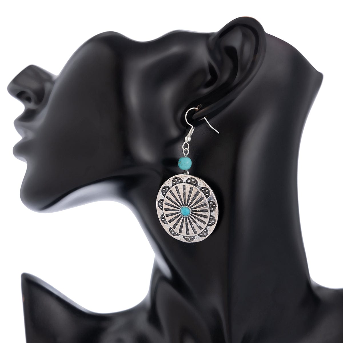 Chic Turquoise Inlaid Carved Sunflower Pendant Necklace Earrings Set - ArtGalleryZen