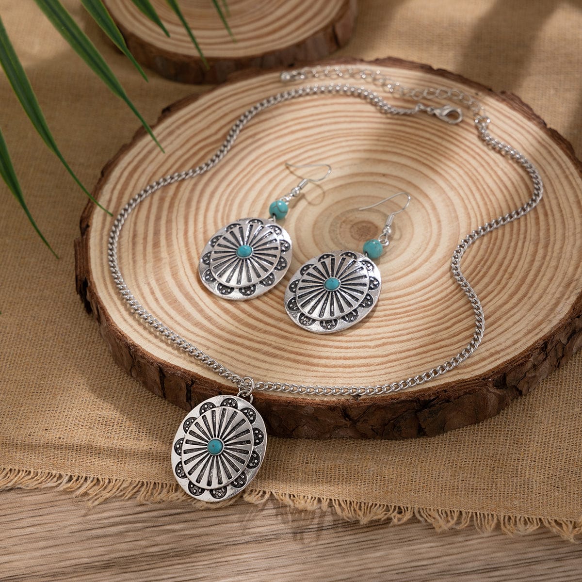 Chic Turquoise Inlaid Carved Sunflower Pendant Necklace Earrings Set - ArtGalleryZen