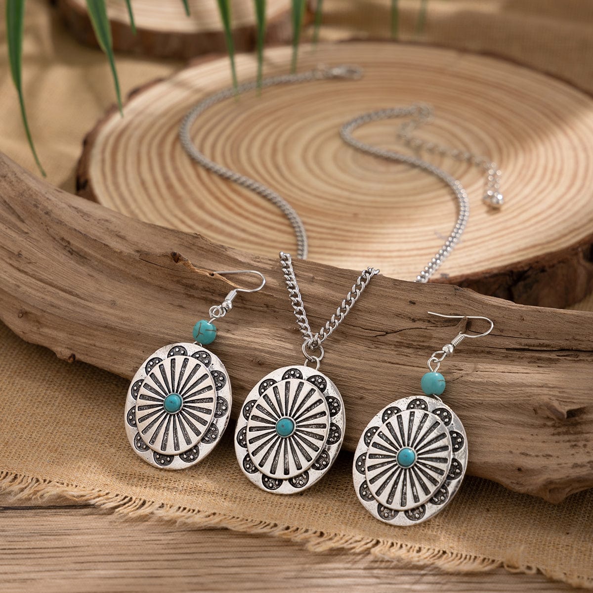 Chic Turquoise Inlaid Carved Sunflower Pendant Necklace Earrings Set - ArtGalleryZen