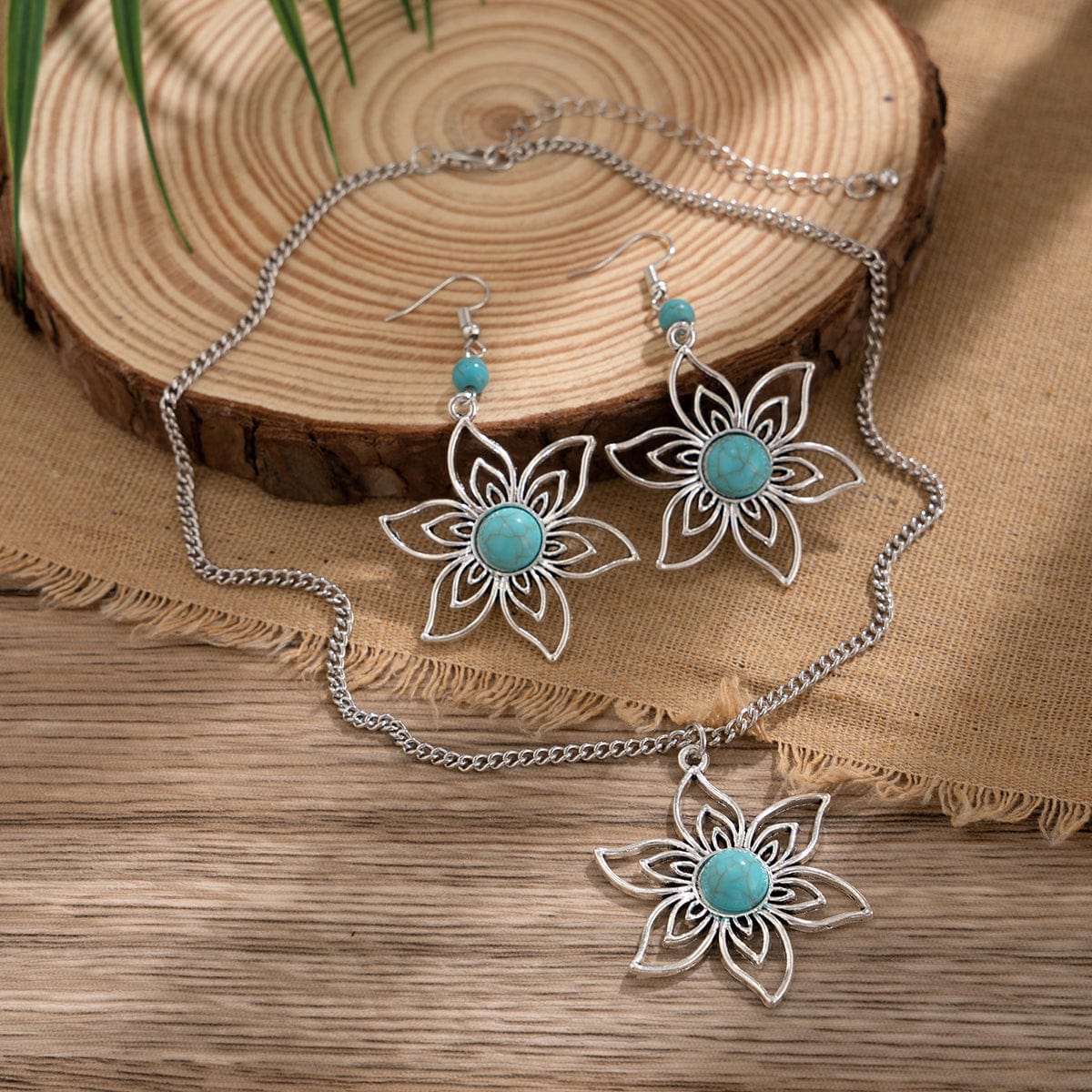 Chic Turquoise Inlaid Hollow Cherry Blossom Necklace Earrings Set - ArtGalleryZen