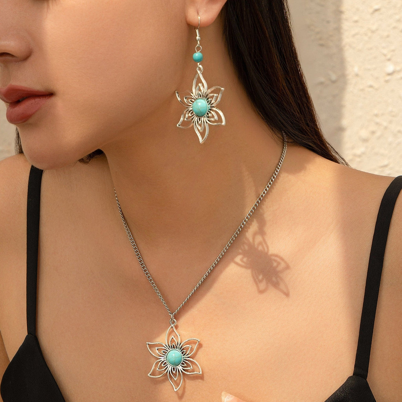 Chic Turquoise Inlaid Hollow Cherry Blossom Necklace Earrings Set - ArtGalleryZen
