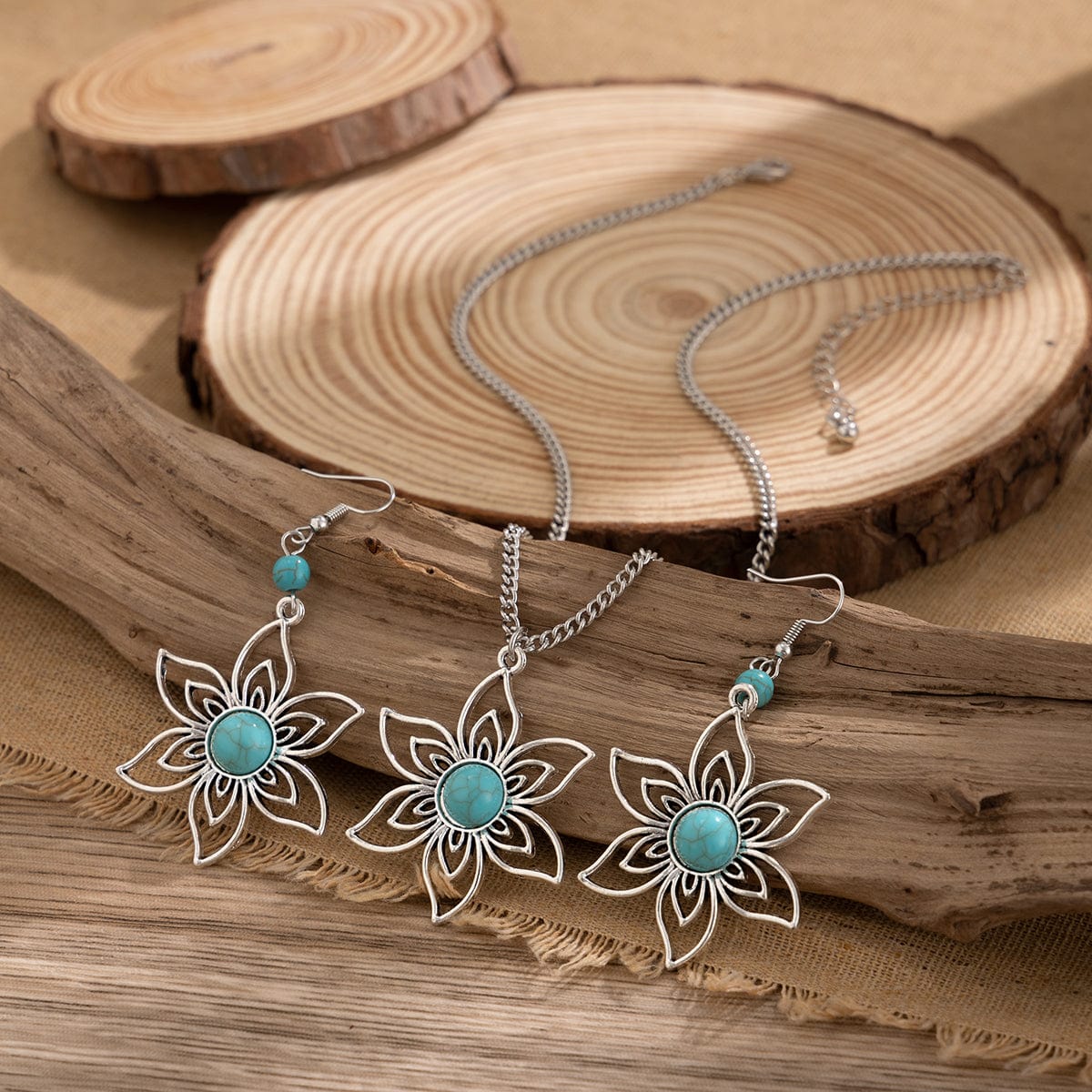 Chic Turquoise Inlaid Hollow Cherry Blossom Necklace Earrings Set - ArtGalleryZen